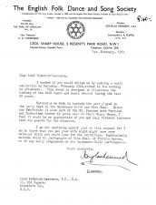 EFDSS letter to Fred Pethick-Lawrence